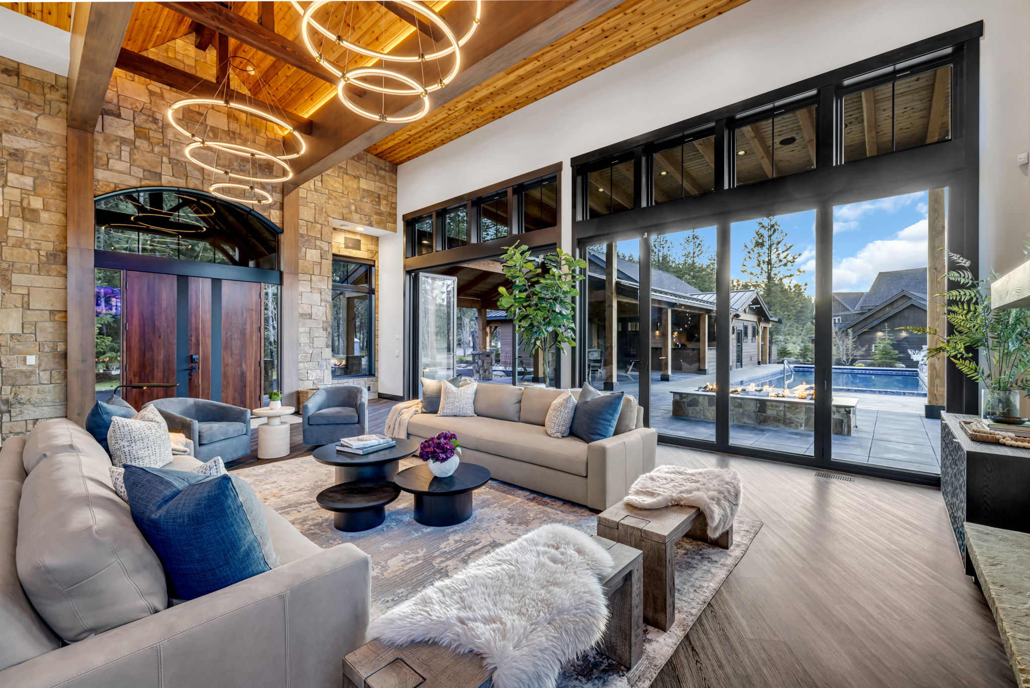 lodge living area with view of the pool