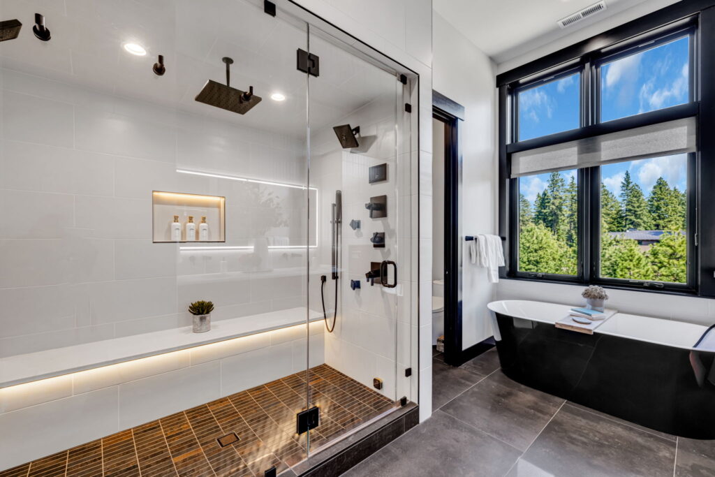 double shower and bathtub with view