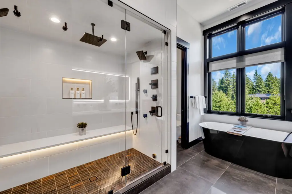 double shower and bathtub with view